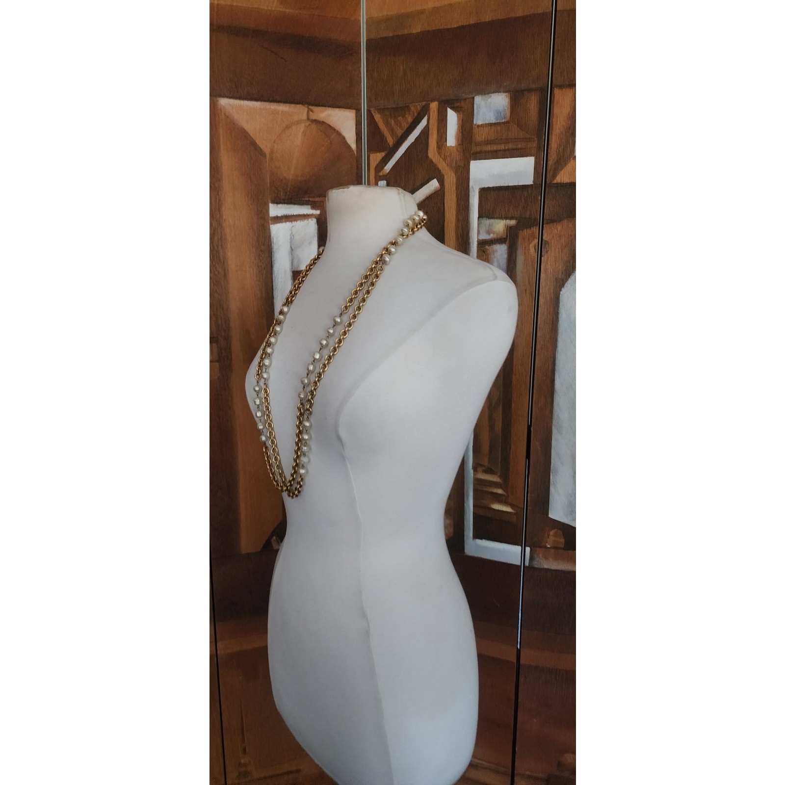 VTG Chanel 1984 Necklace Double Strand Gold Chain Pearl Documented Lagerfeld