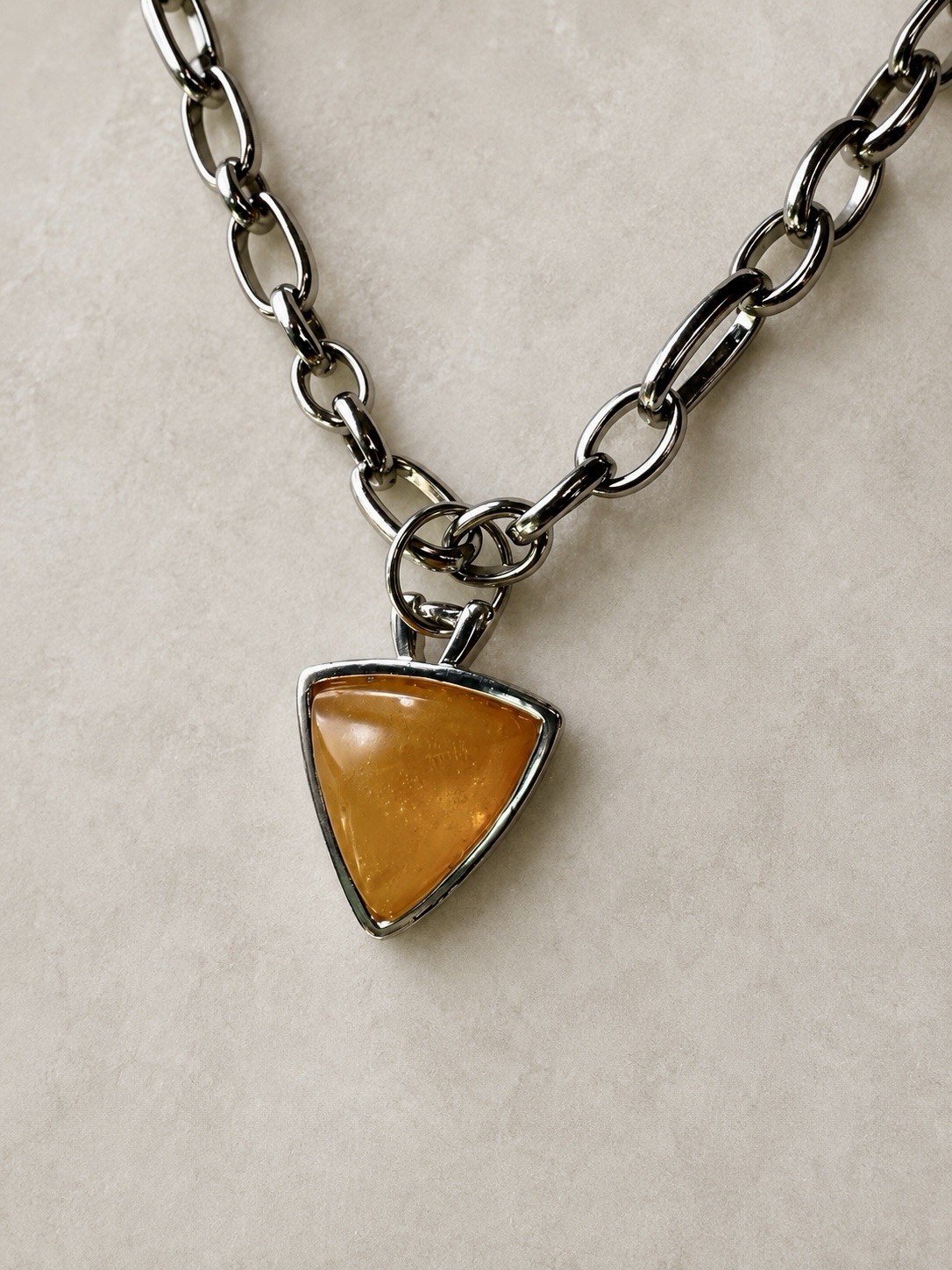 VTG YSL Yves Saint Laurent Amber Resin Triangle Pendant Paperclip Necklace