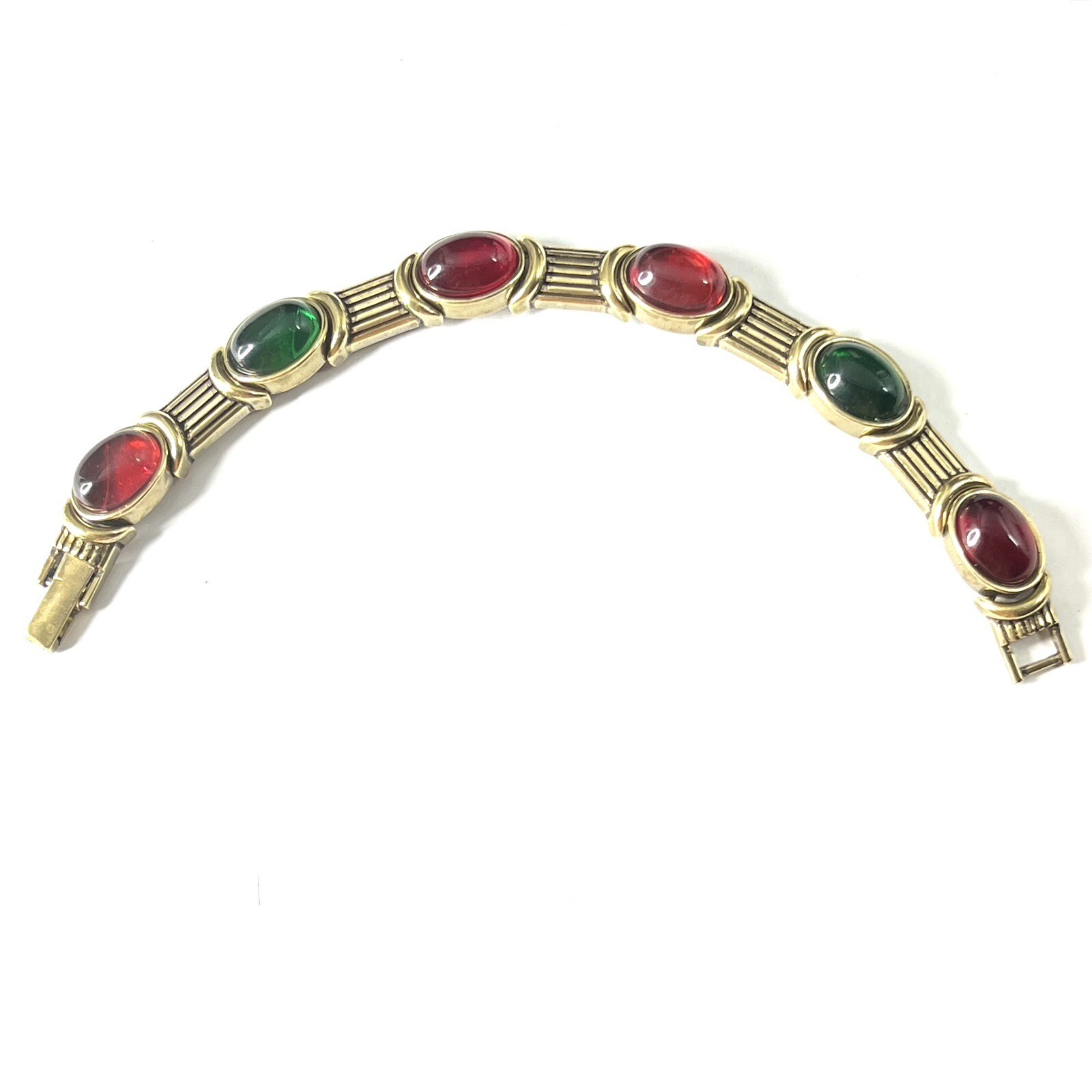 Gripoix Glass Cabochon Bracelet Gold Tone Red Green Mogul Jewel Art Deco Style
