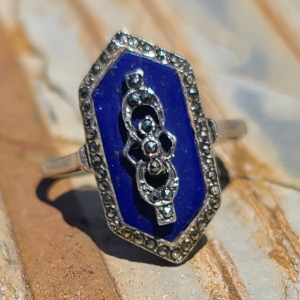 Fancy Antique VTG Art Deco Sterling Silver Lapis Lazuli Marcasite Ring Size 8