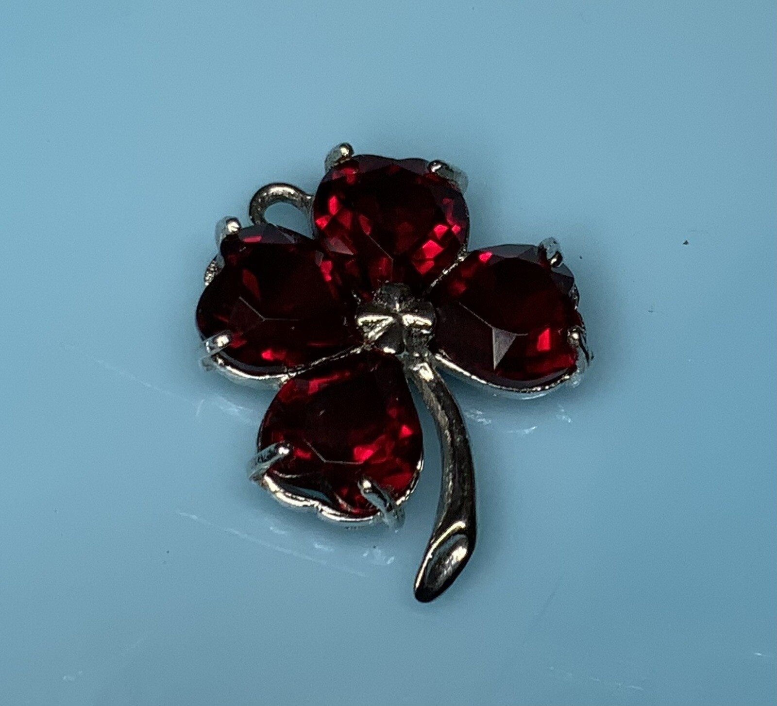 Vintage Sterling Silver- Four Leaf Clover Lucky Charm w/ Red Rhinestone Hearts