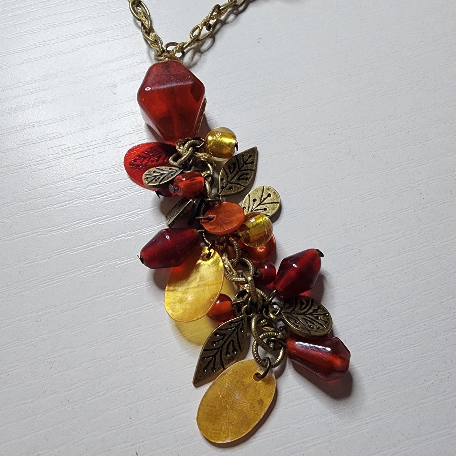 Vintage Coldwater Creek Red Yellow Glass Beaded Necklace Signed Nature Leaf Adj.