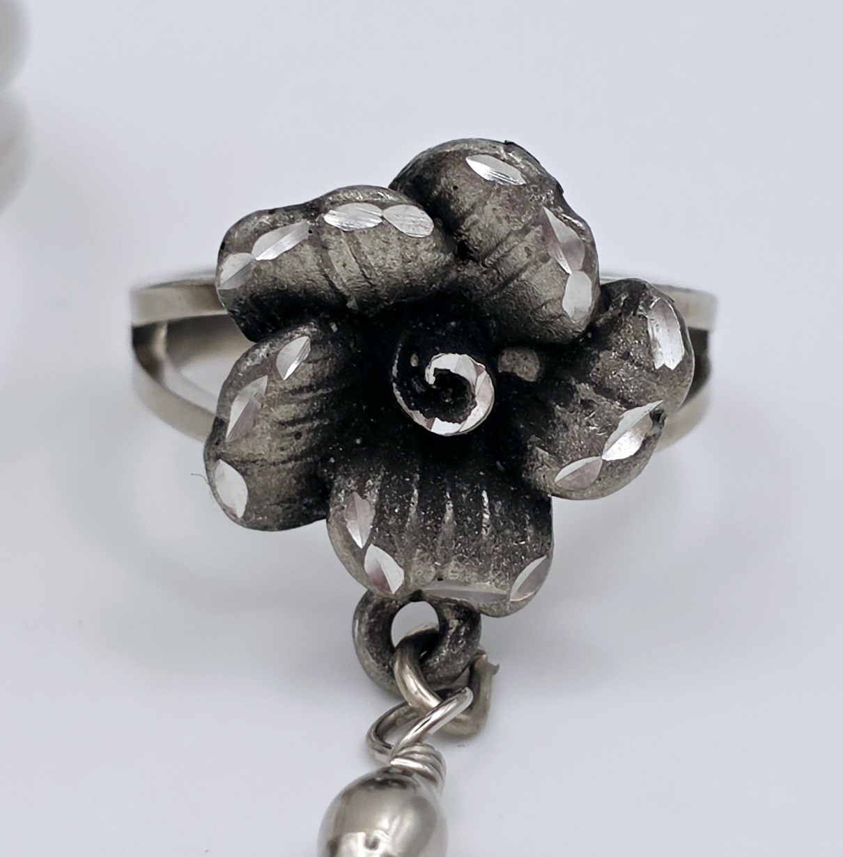 Vtg EJC Silver Tone Rose Floral Slave Bracelet Chain Ring Set Hand Harness Cuff