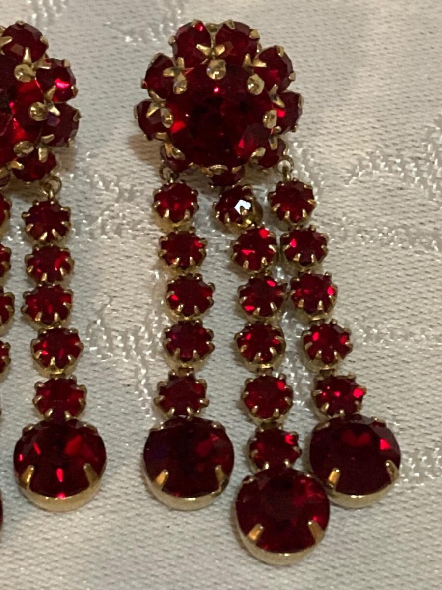 Vintage VOGUE Ruby Red Rhinestone 3 Strand Gold Tone Dangle Earrings Signed