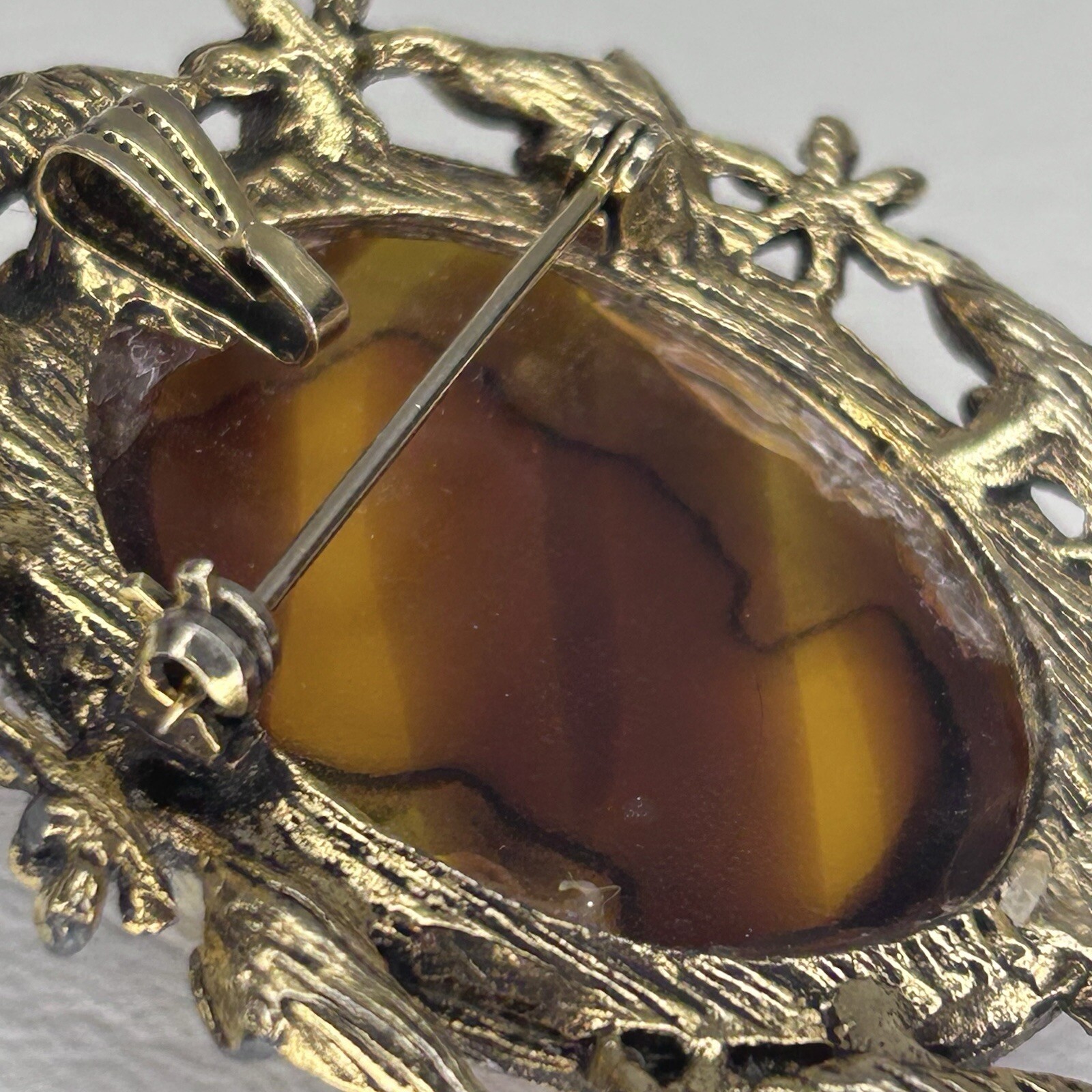 Vintage Cameo Pendant Brooch 2″ Gold Bezel Previously Repaired Read For Info.
