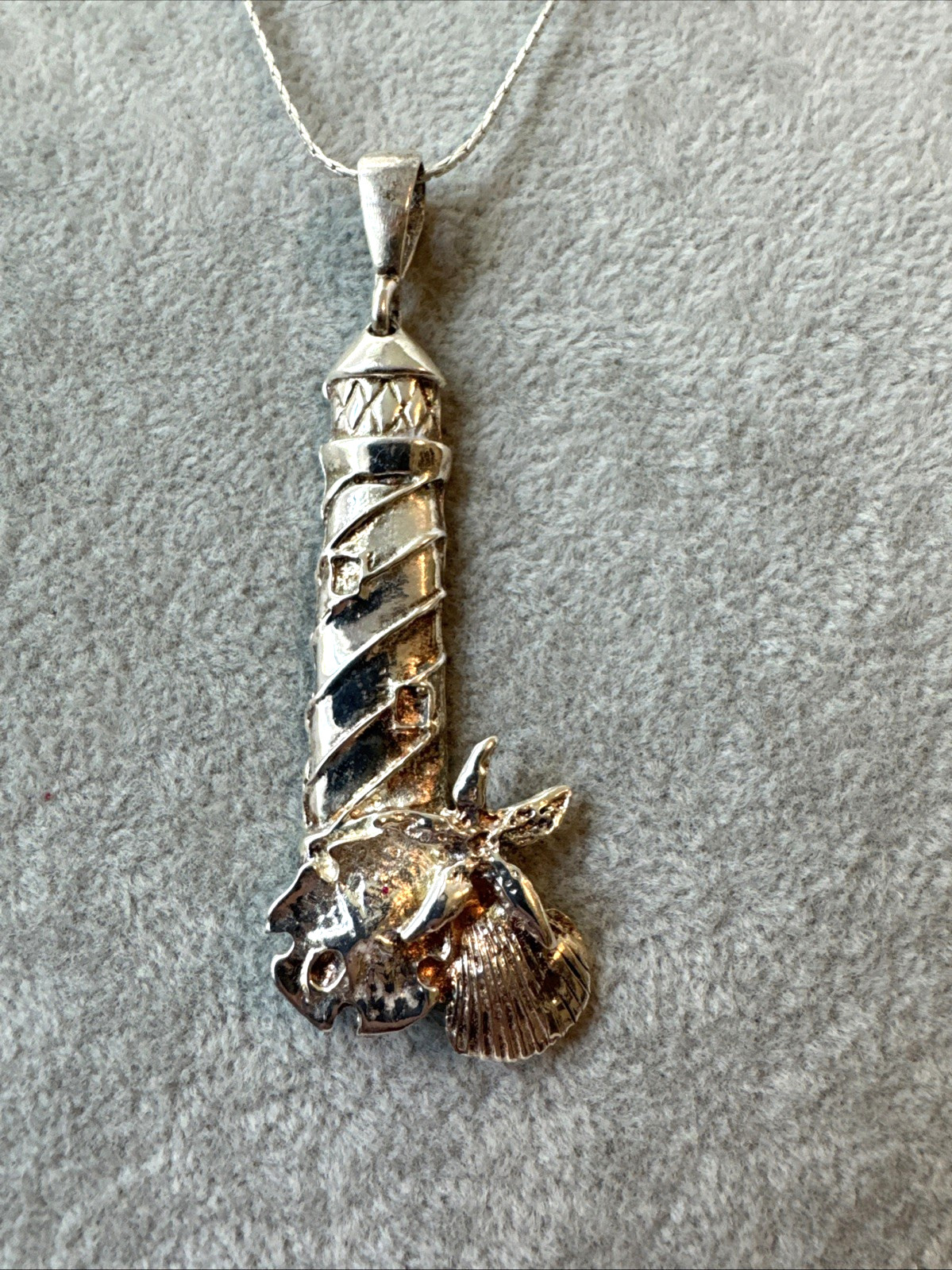VTG Silver 18KGP herringbone chain 90s lighthouse starfish beach pendant cruise