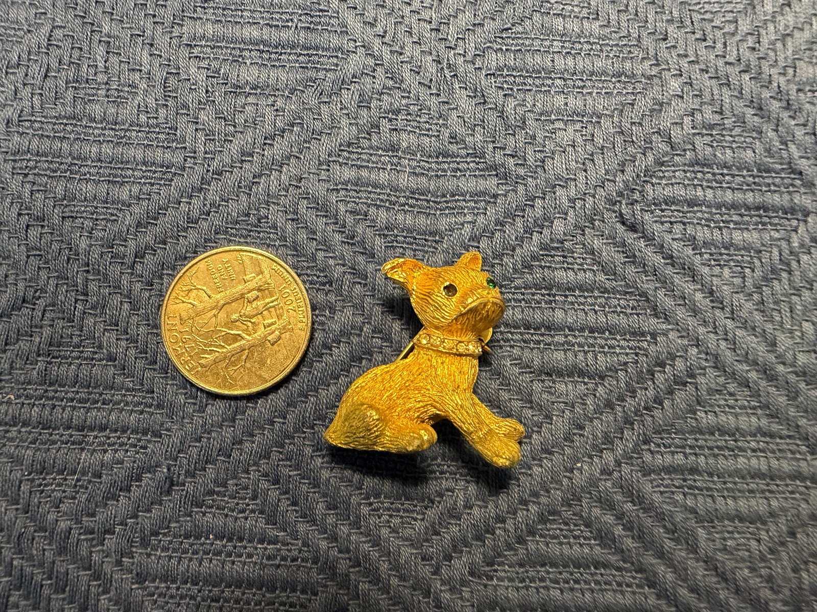 Vintage Goldtone Metal Chihuahua Dog w. Rhinestone Collar and Dog Tag Pin Brooch