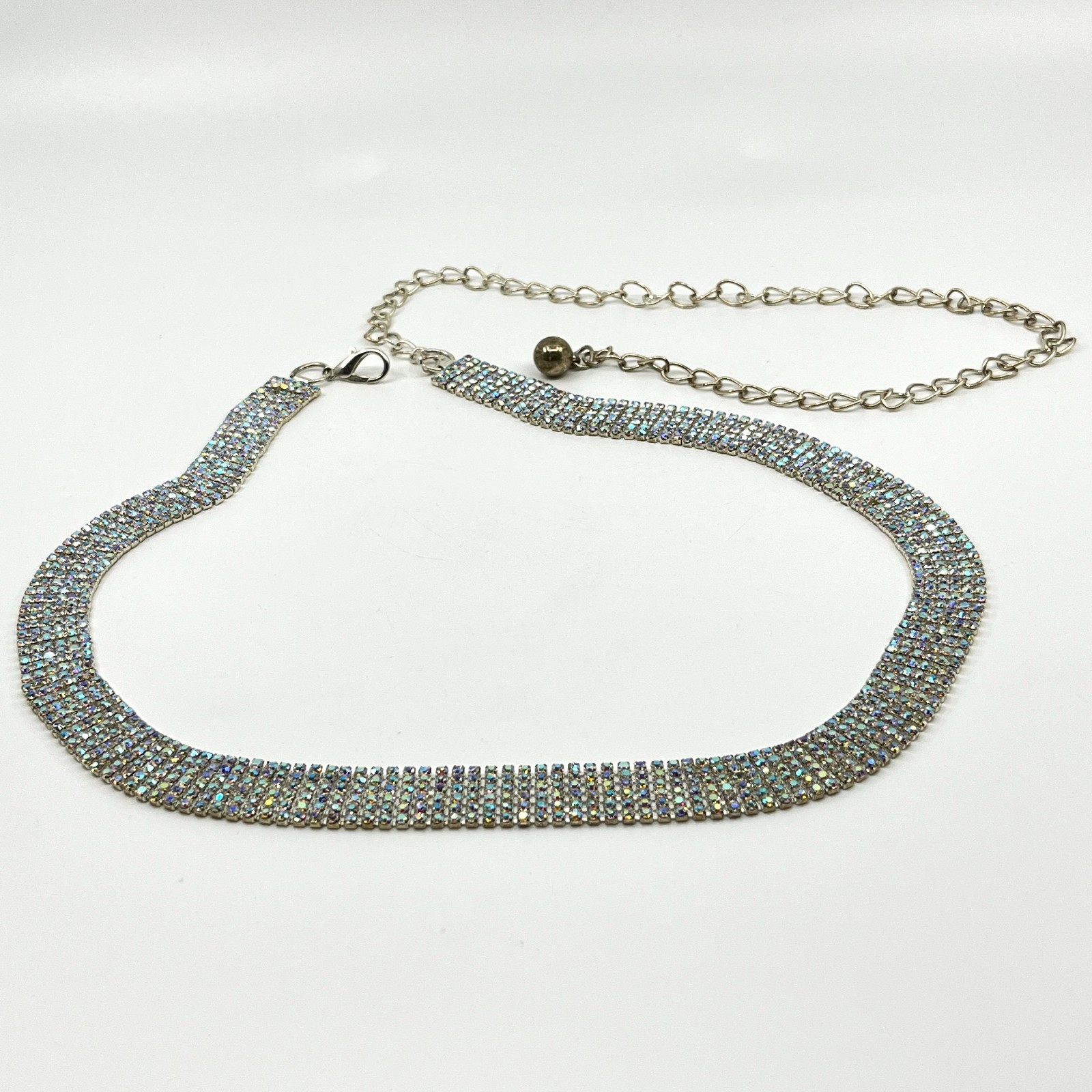 VTG Y2K Silver Multi-Row Aurora Borealis Rhinestone Chain Belt Choker Lobster