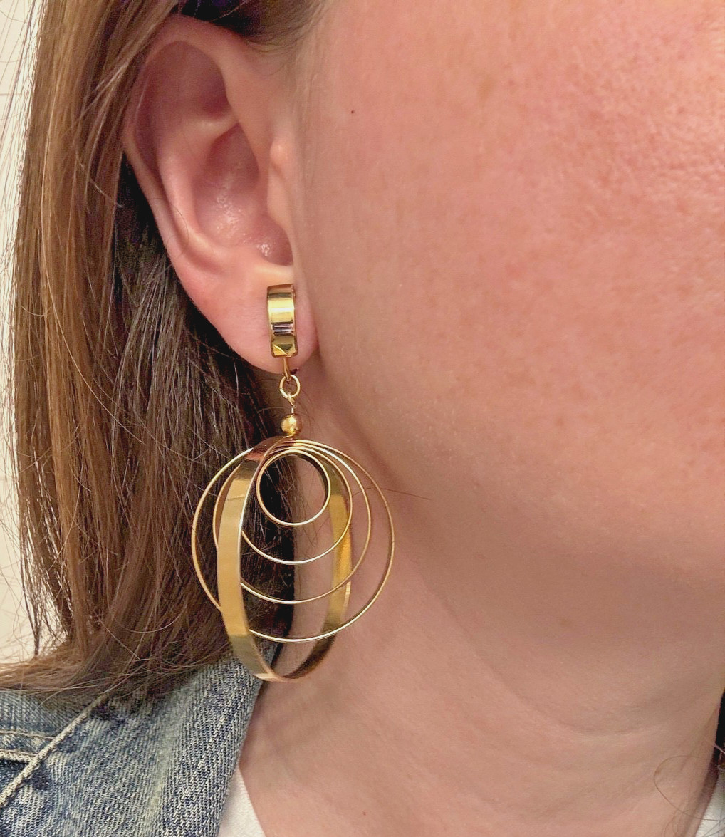 Vintage Mod 60s/70s Napier Gilt Metal Kinetic Mobile Dangle Hoop Clip Earrings