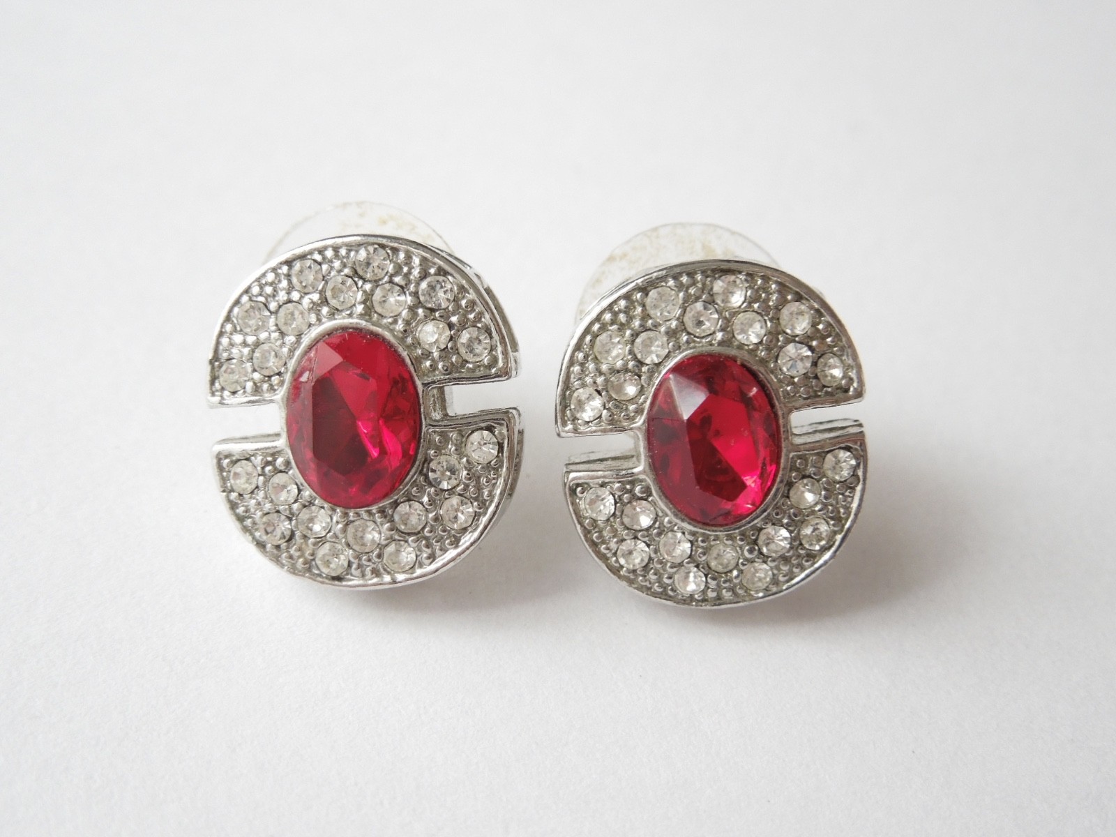 Earrings Studs Silver-Colored Rhinestones Red + Colorless 7.2 G / 1.6 X 1.4 Cm