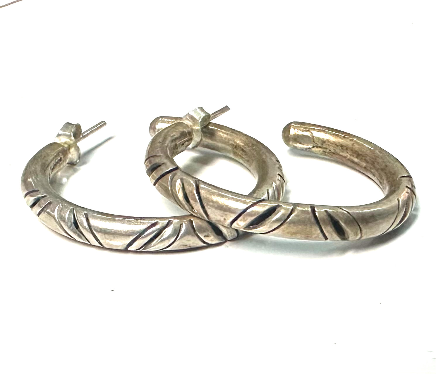 Signed MWS Mexico Sterling Silver Hoop Earrings 925 Large Etched Hoops 12.4g #10