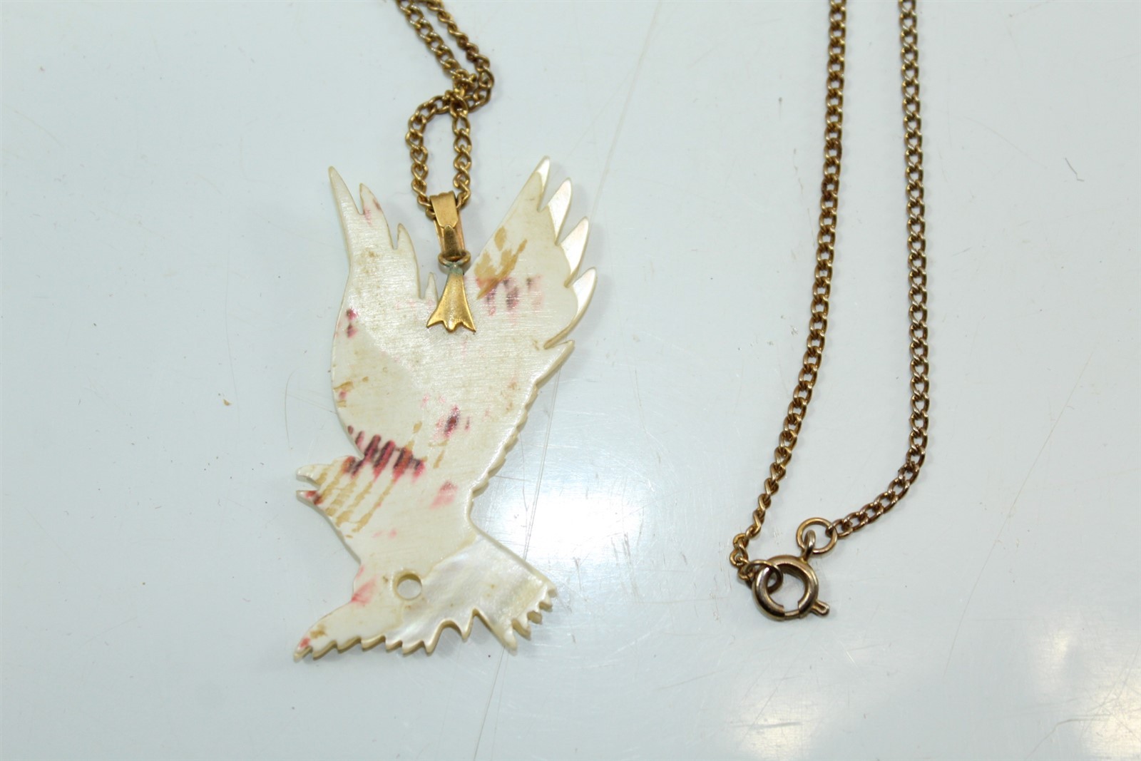 Vintage Hand Carved Shell Flying Eagle Pendant Necklace w/ Goldtone Alloy Chain