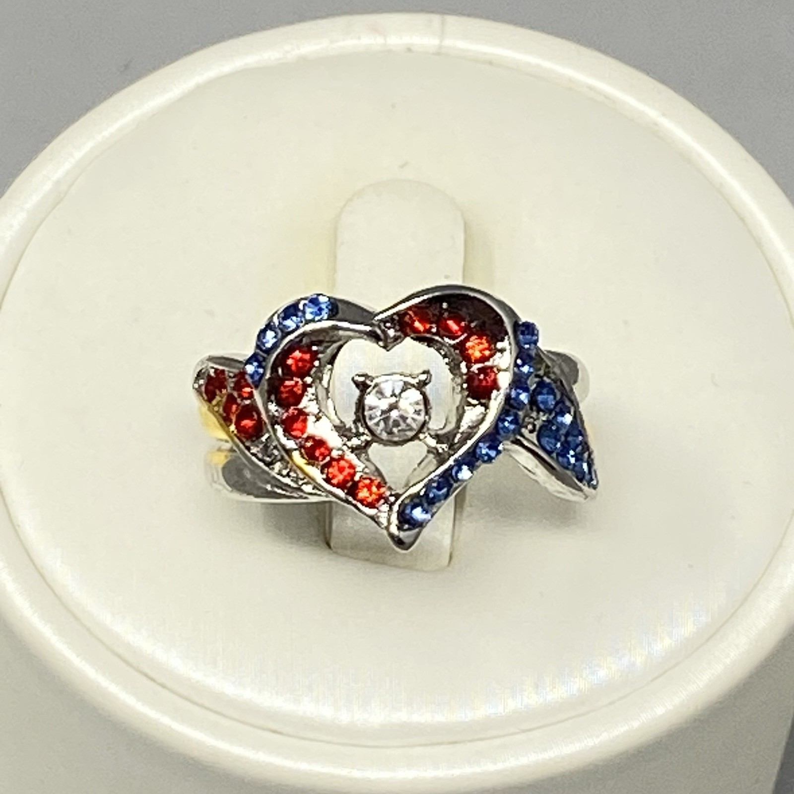 Heart Cocktail Ring Red White Blue Crystals Silver Tone Always With You Engraved