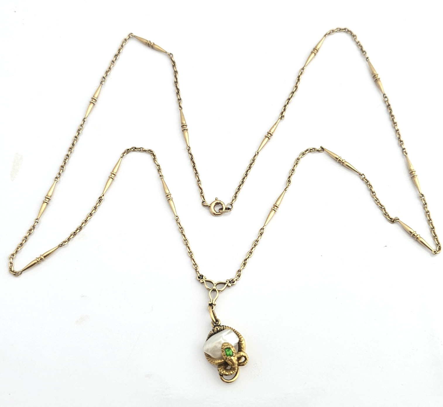 14K Gold Art Nouveau Demantoid Garnet Pearl Snake Serpent Necklace Antique 22in