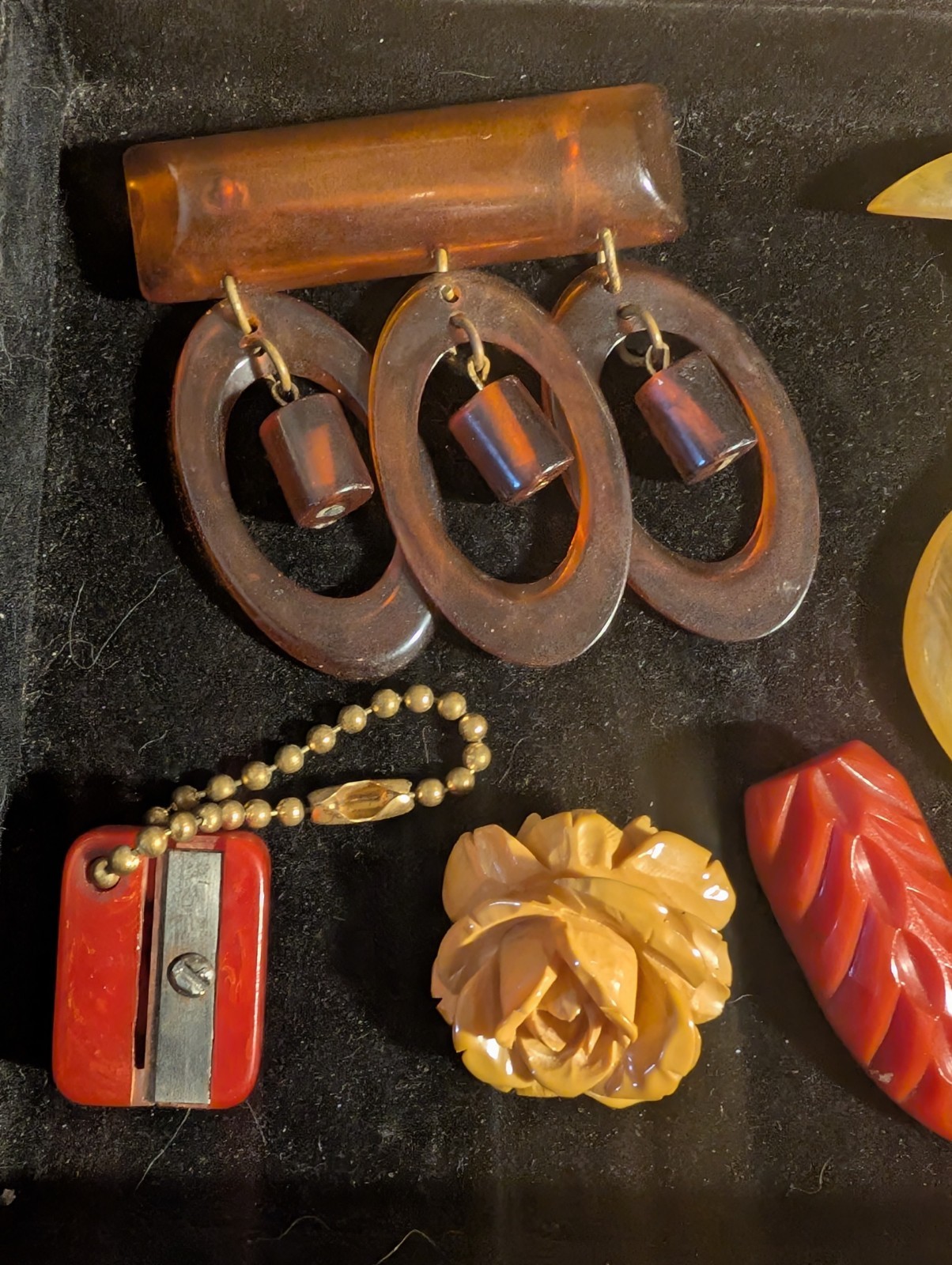 7 Vintage Bakelite Large Carved Pins, etc. Great colors, hand carved!