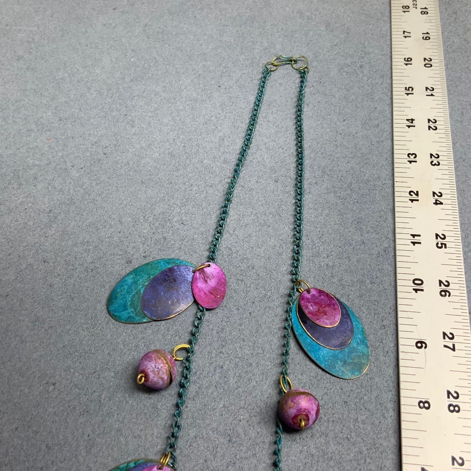 Layered Metal Oval Necklace 25 In Turquoise Blue Pink Purple Gold Rustic Boho