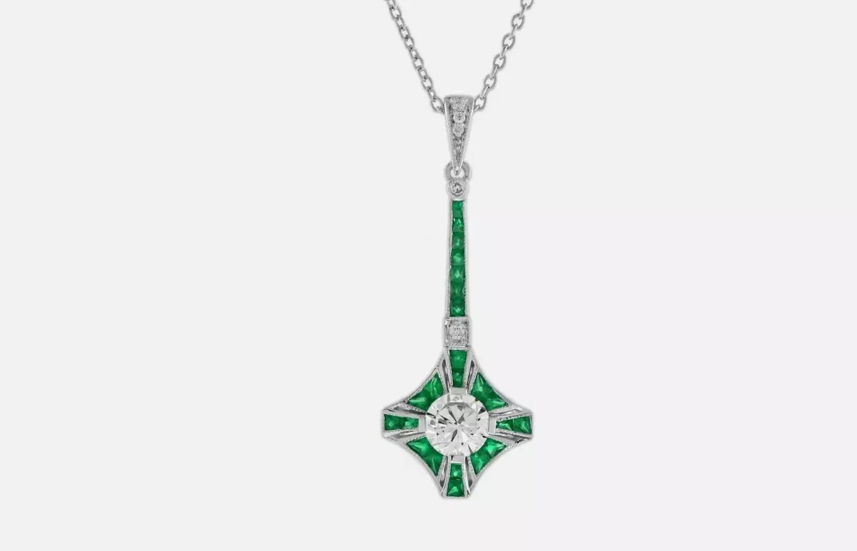 Art Deco Lab-Created Emerald Diamond Engagement Pendant In 925 Sterling Silver