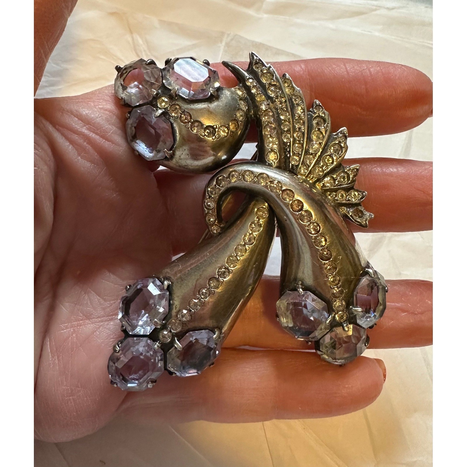 Eisenberg Original Sterling Silver Blue & Crystal Rhinestone Art Deco Clip