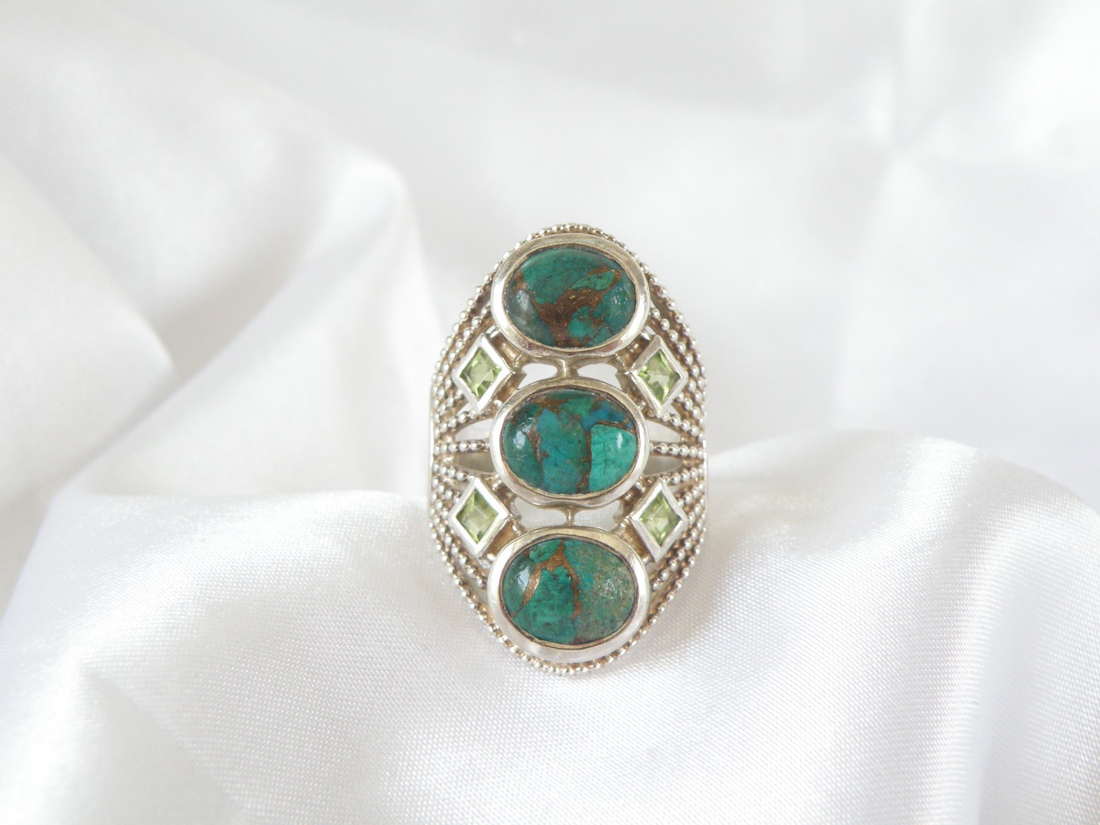 Sterling Silver 925 Large Chrysocola and Peridot Multi Stone Statement Ring 7