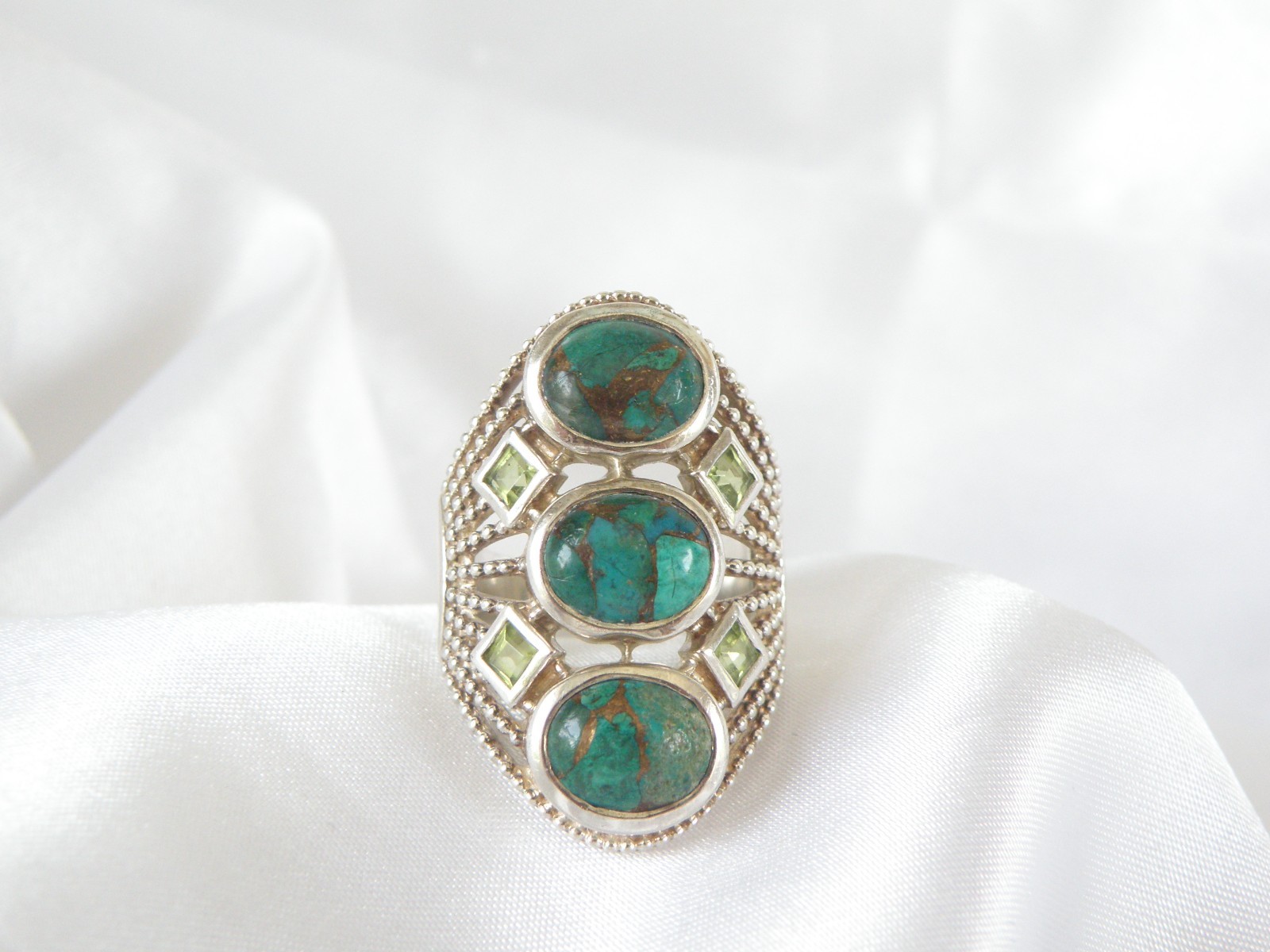 Sterling Silver 925 Large Chrysocola and Peridot Multi Stone Statement Ring 7