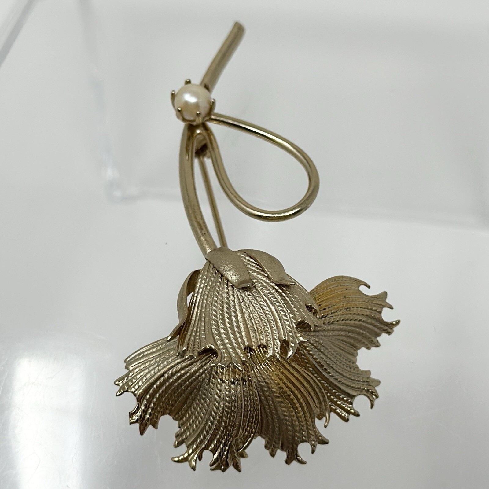 Vintage Gold Tone Blooming Dandelion Adjustable Petals Faux Pearl Brooch Pin