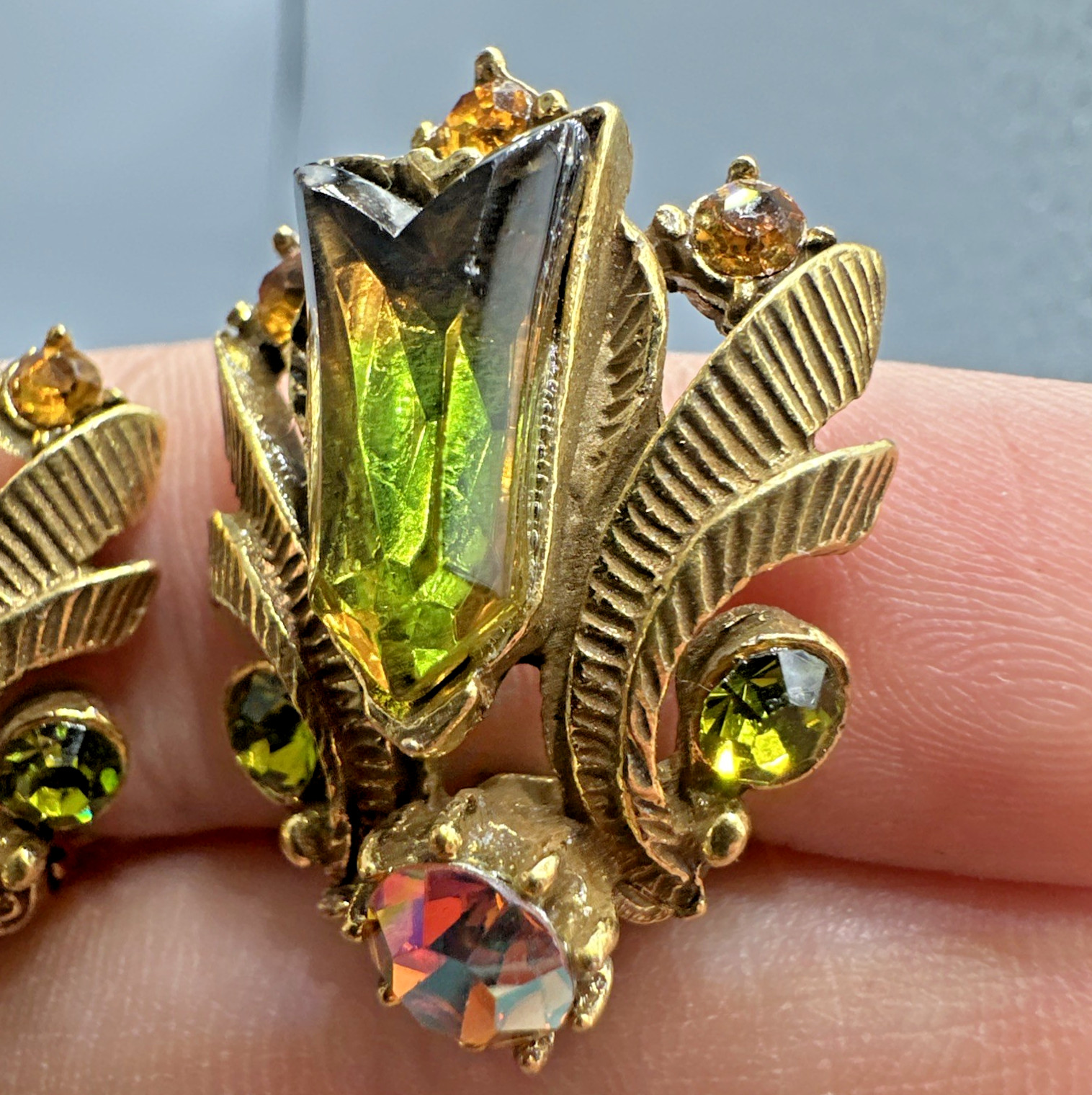 Vintage Florenza Aurora Borealis Earrings Gold Clip AB Rhinestone Art Glass