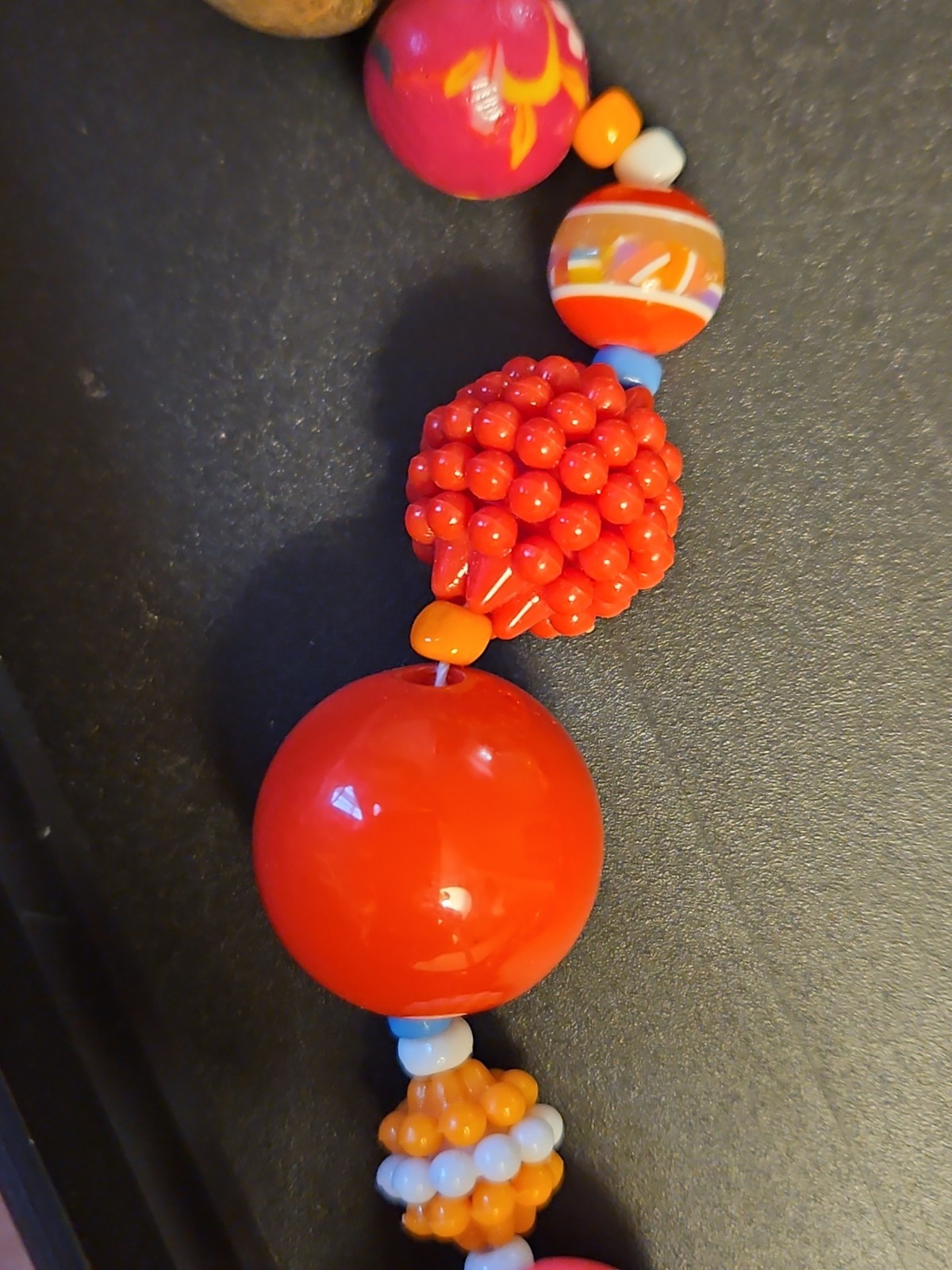 Vintage 1960s Yellow Red Green Pink Knitted Spiked Wood Lucite Bead Necklace F5