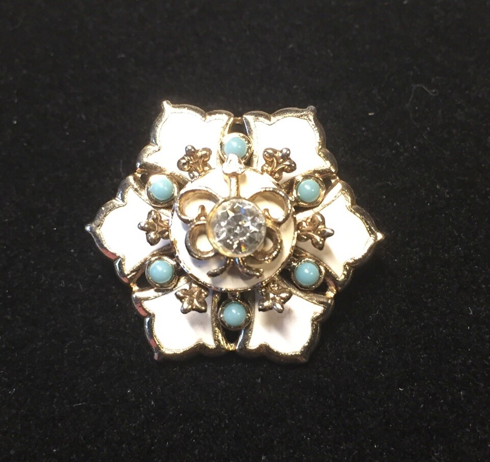 Vintage Rhinestone Enamel Turquoise Flower Brooch