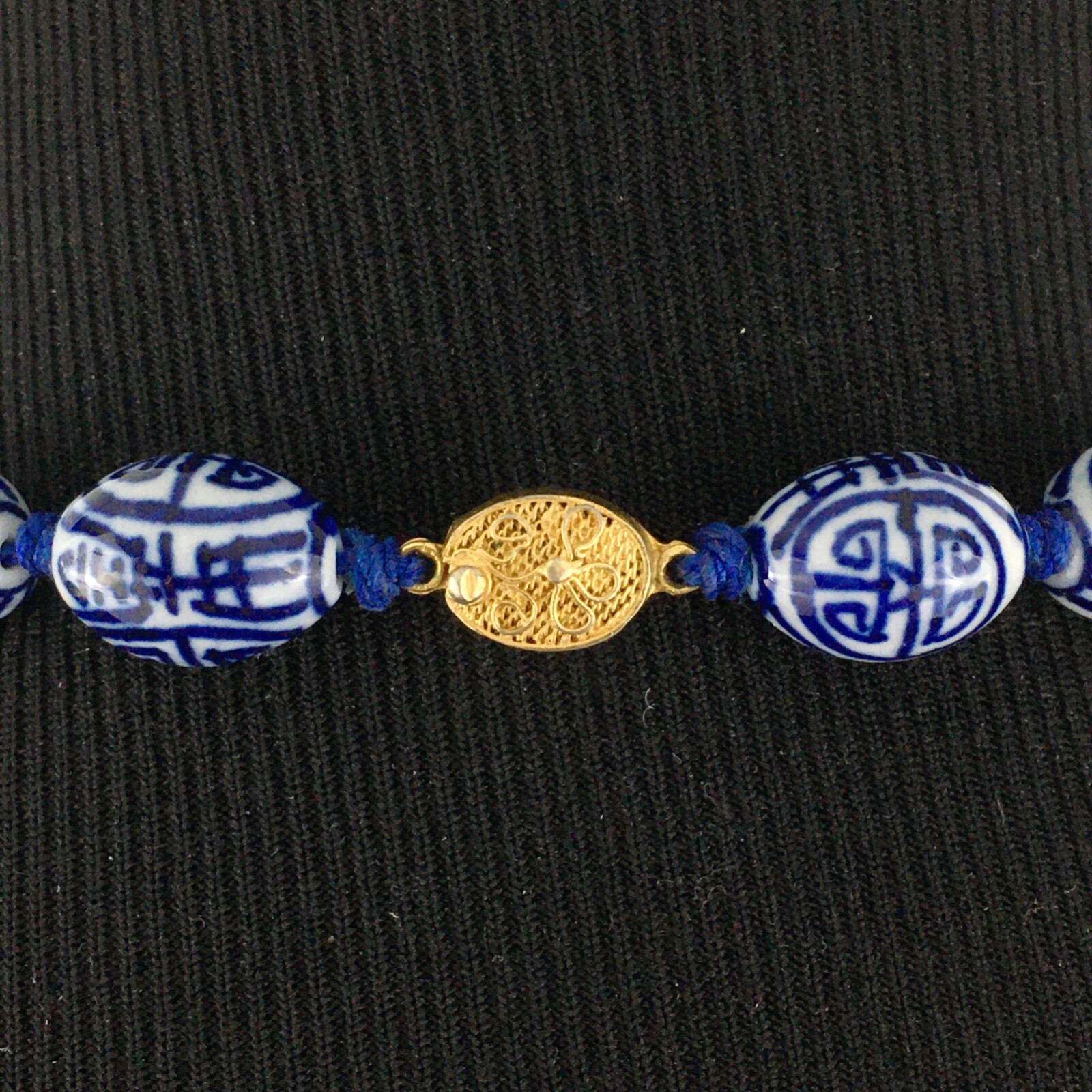 CHINESE porcelain necklace – blue & white barrel beads shou symbol 29″ knotted