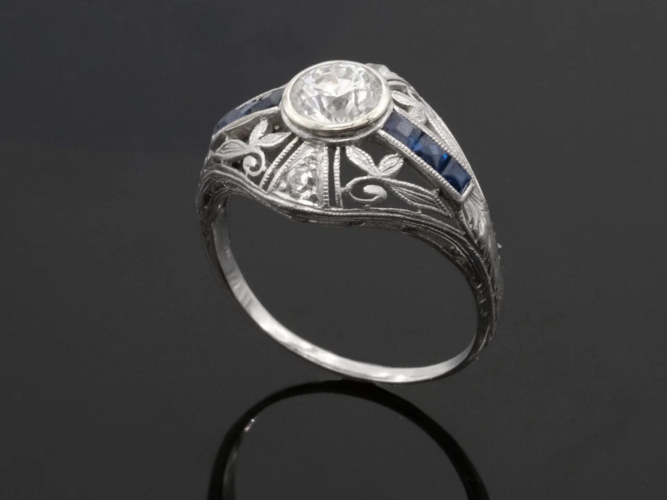 Bezel Set Old Mine Cut Moissanite With Blue Sapphire Floral 925 Silver Ring