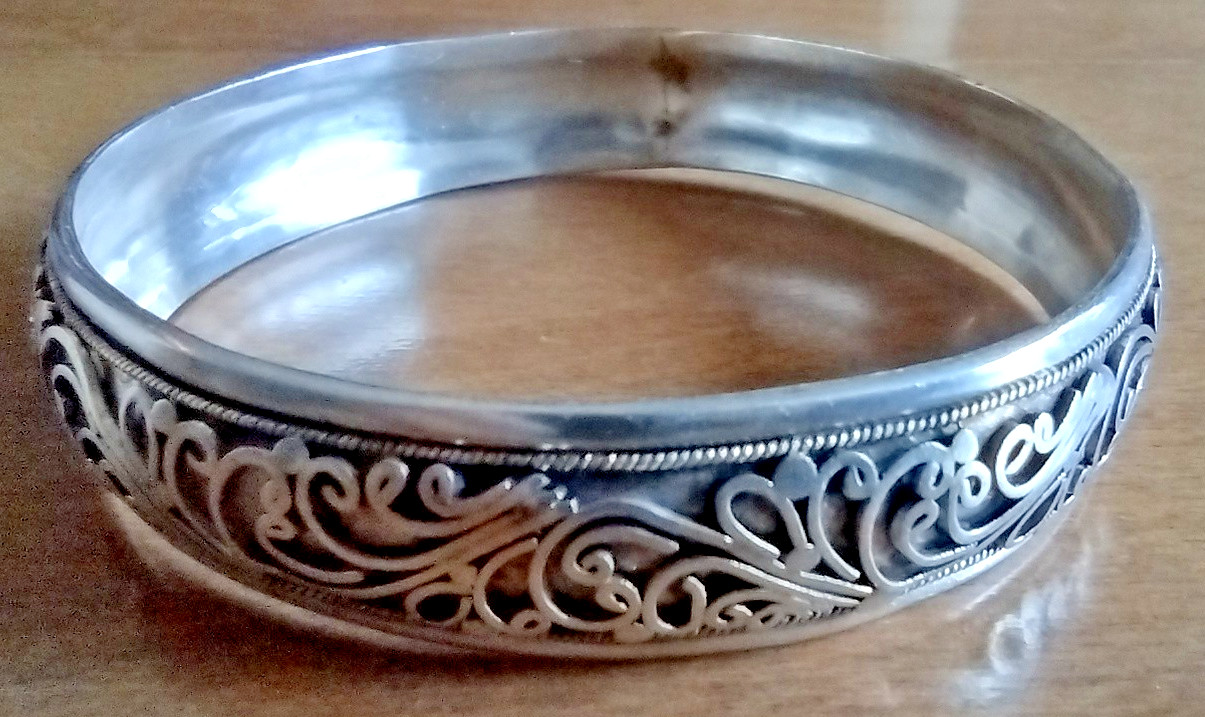 Vintage Sterling Silver Fancy Open Work Ornate Scroll Cuff Bangle Bracelet 8″