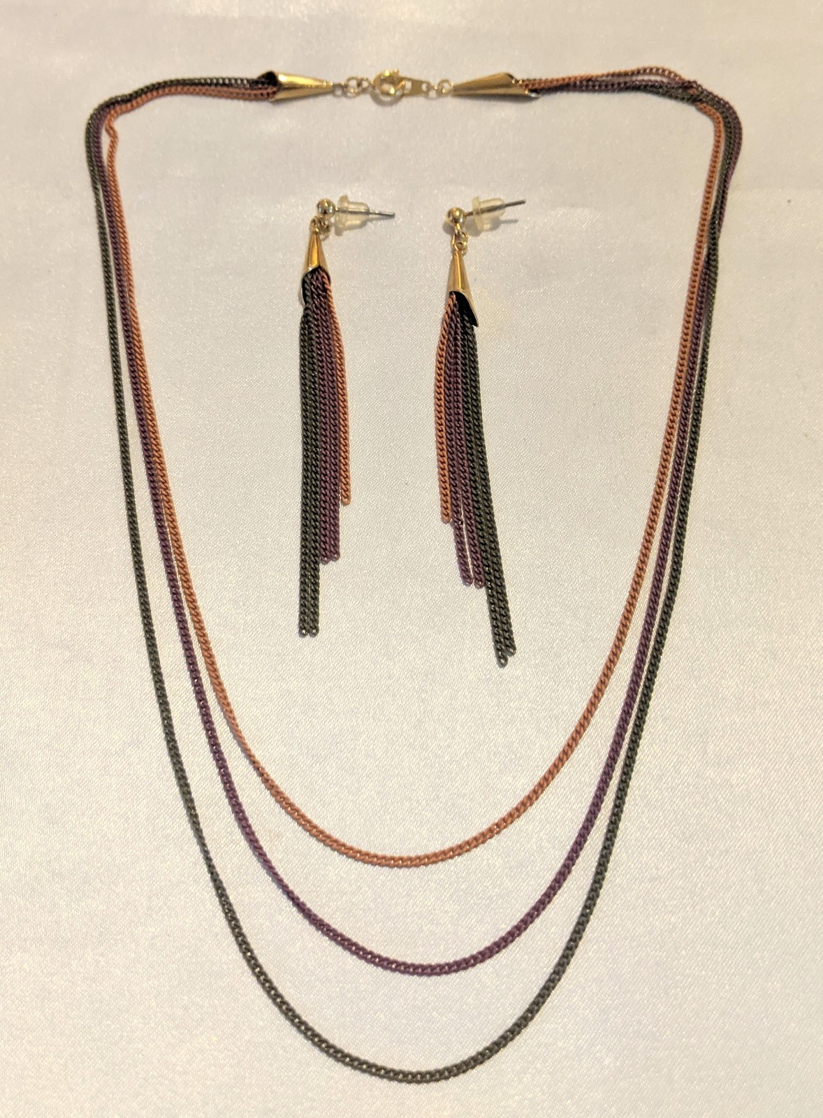 VTG Tri-tone Chain Necklace & Dangle Earrings Set NOS Terracotta Purple Dk Gray