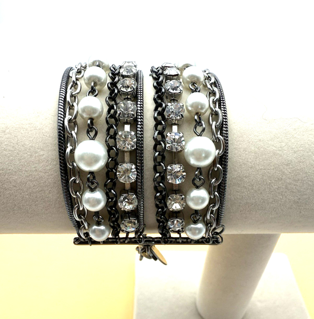 NY Bracelet Multiple Strand Faux Pearl Rhinestones Chains Brutalist Jewelry