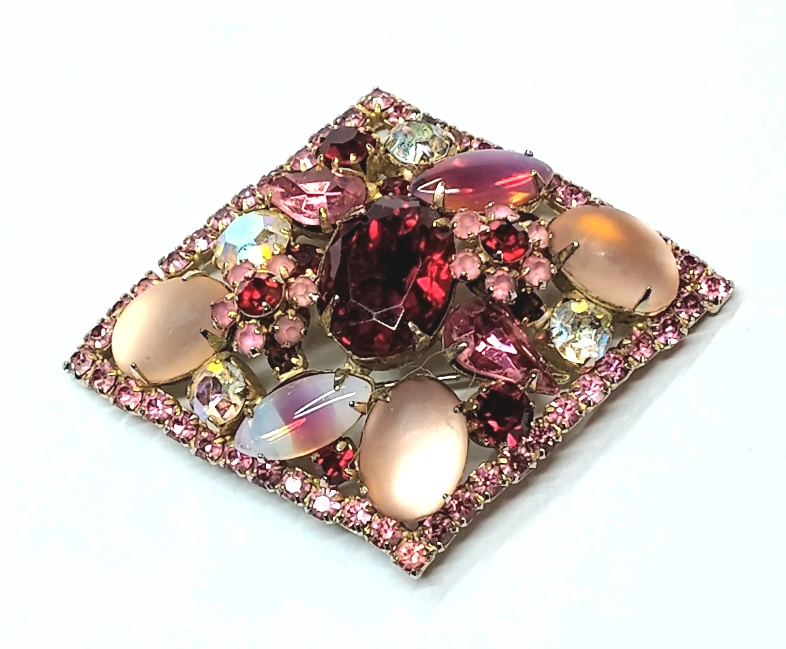 Vintage Stunning Givre Pink Red Clear AB Rhinestone Brooch Pin Clip Earrings