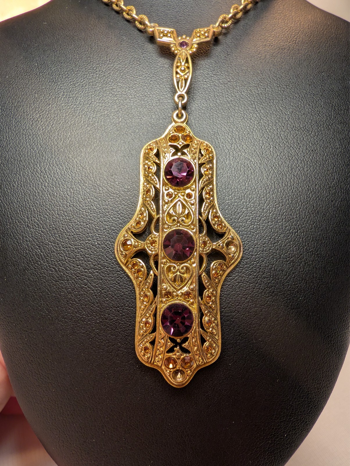 Vtg EDGAR BEREBI Limited Edition Pendant NECKLACE Amethyst & Topaz COLORED Glass