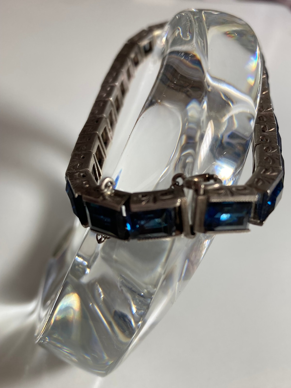 BLUE Rhinestone STERLING SILVER Art Deco, FRANCE, ANTIQUE BANGLE BRACELET