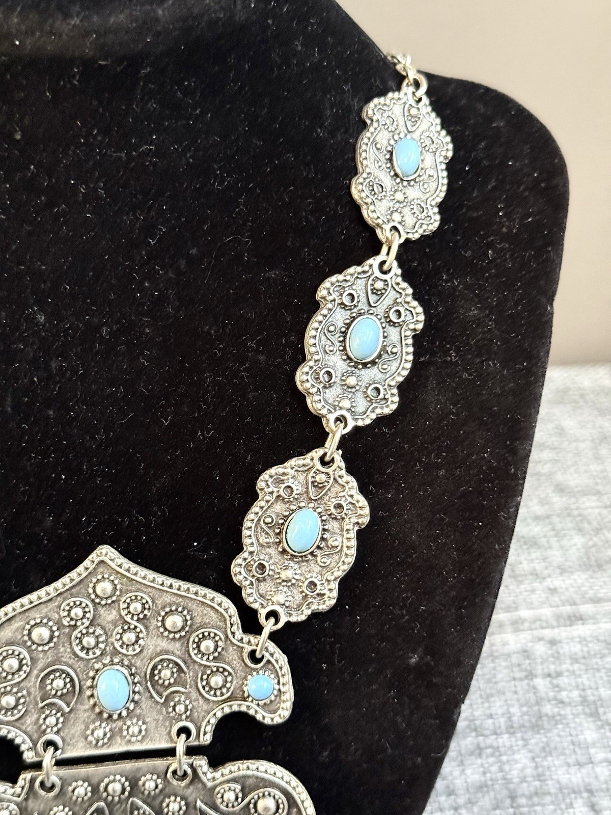 Vintage Bohemian Gothic Art Silver Alloy Pressed Metal Faux Blue Turquoise