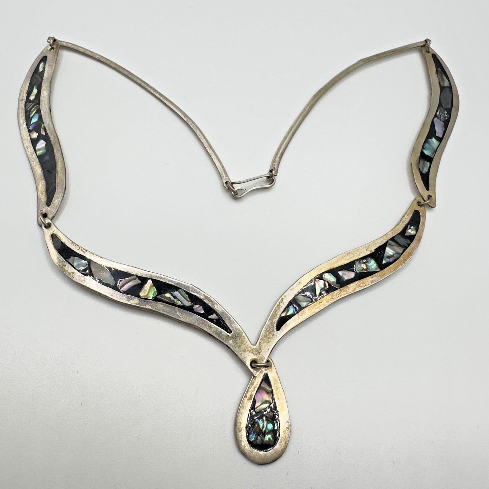 Vintage Mexican Alpaca Abalone Inlay Necklace 17″ Panel Link Drop Pendant
