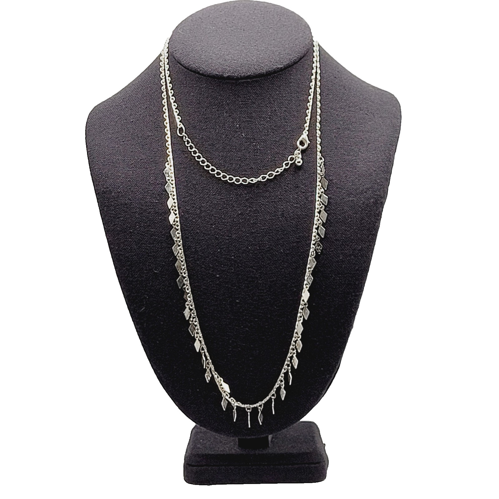 Fringe Geometric Metal Shapes Silver Tone Vintage Single Strand Necklace 39 inch