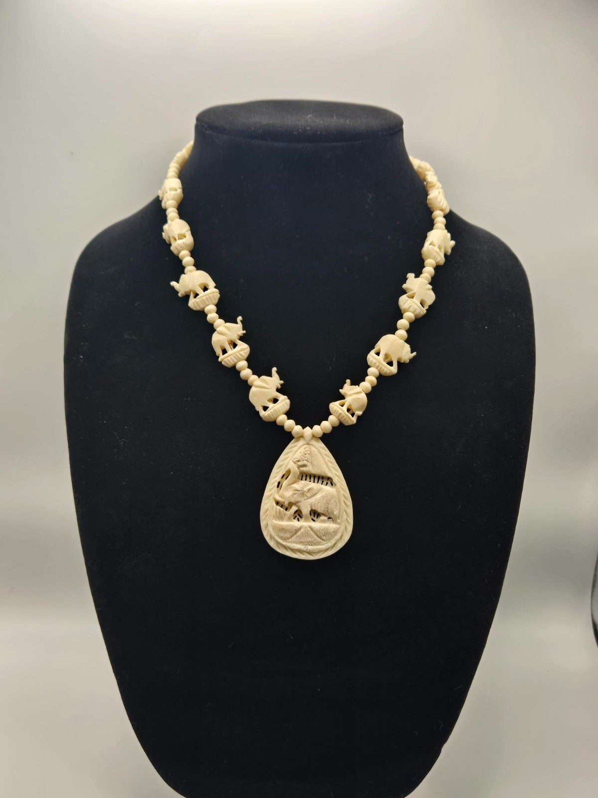 Vintage Carved Celluloid Elephant Necklace, MCM