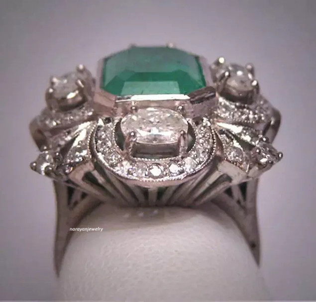 3 Ct Emerald Vintage Art Deco Five Stone Cocktail Wedding Ring 14K White Gold FN