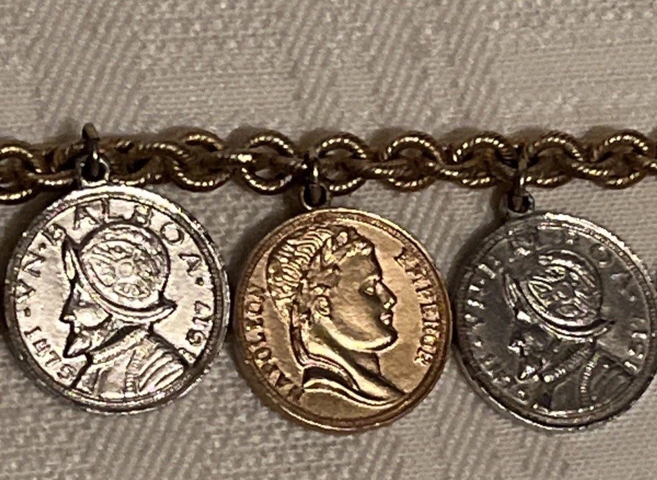 Vintage 1950s Coin Charm Bracelet Napoleon Coins Vasco Nunez de Balboa Coins 8″