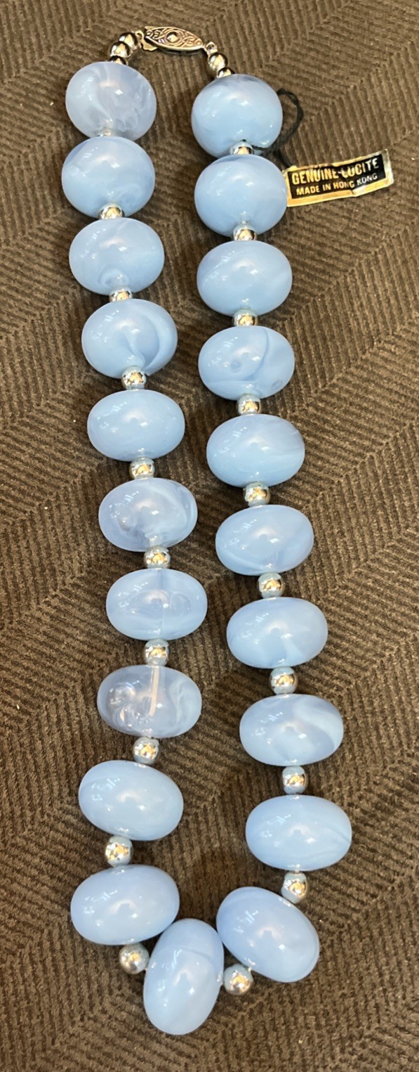 Geniune Lucite Necklace Chunky Collar Pale Blue Silver Tone Made In Hong Kong