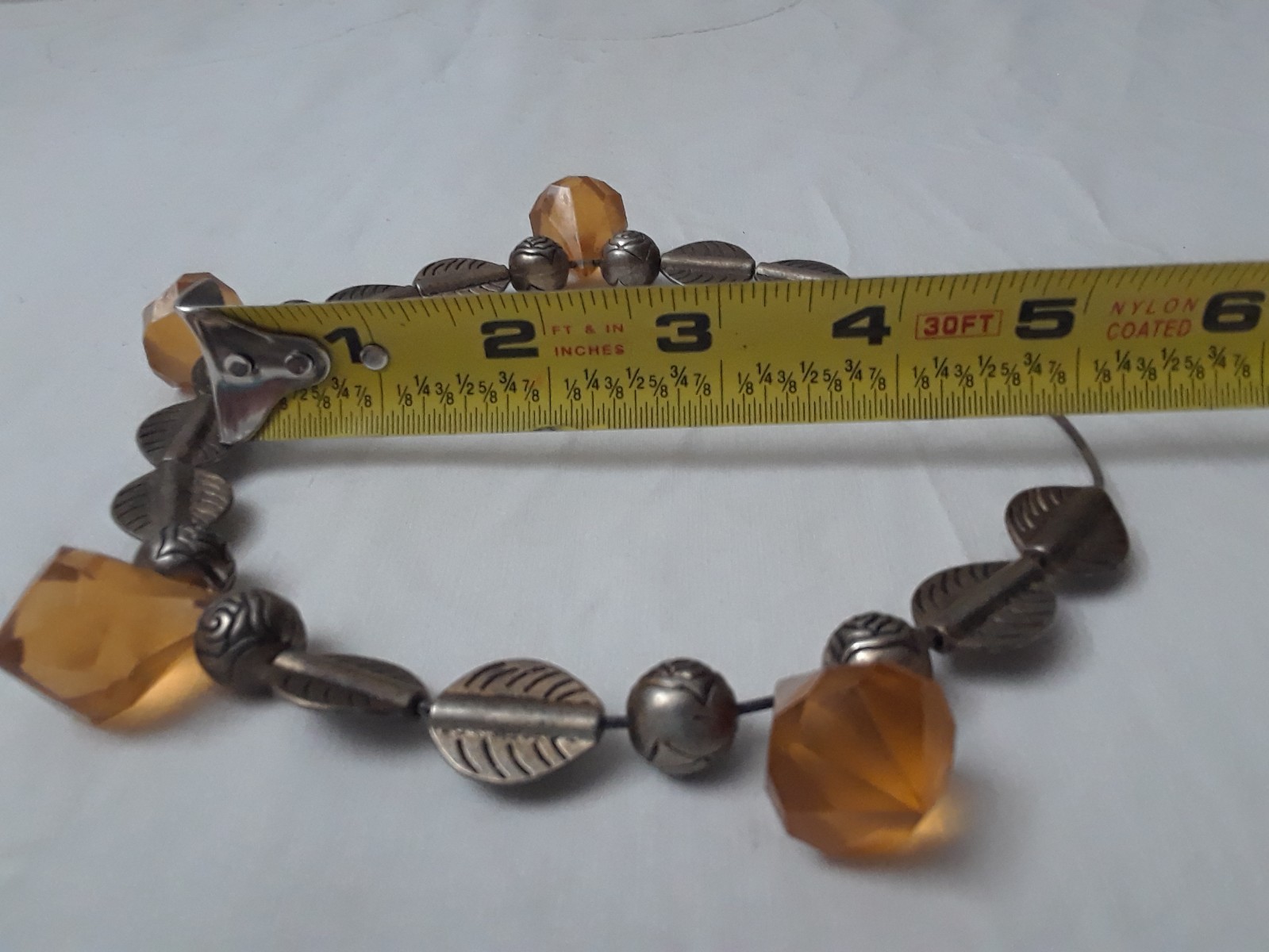 Vintage Handmade Silver Tone Chocker Necklace with Amber Beads 10 in