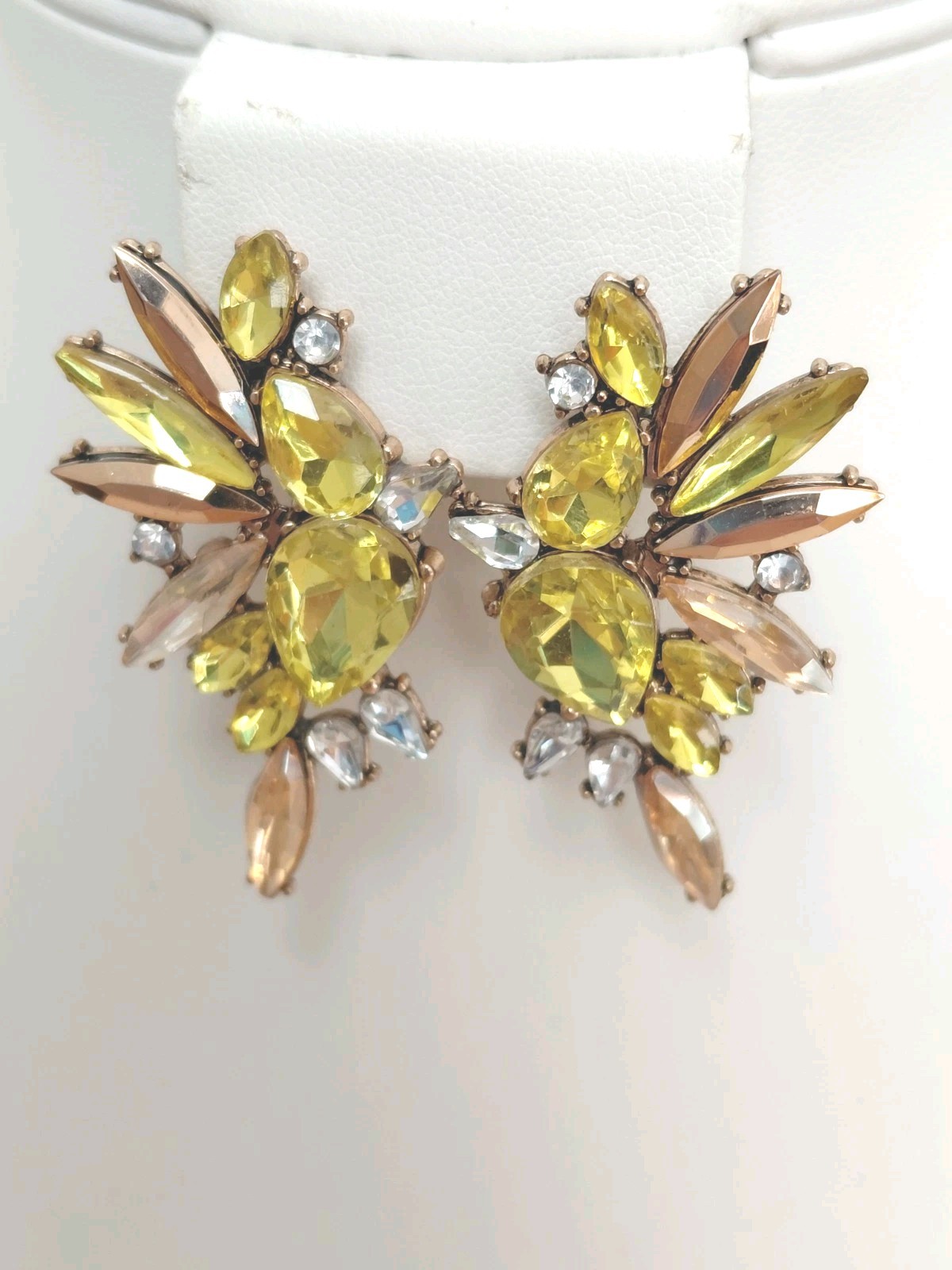 Yellow, Champagne, Clear Rhinestone Earrings / Very Good Condition / 2 In Length