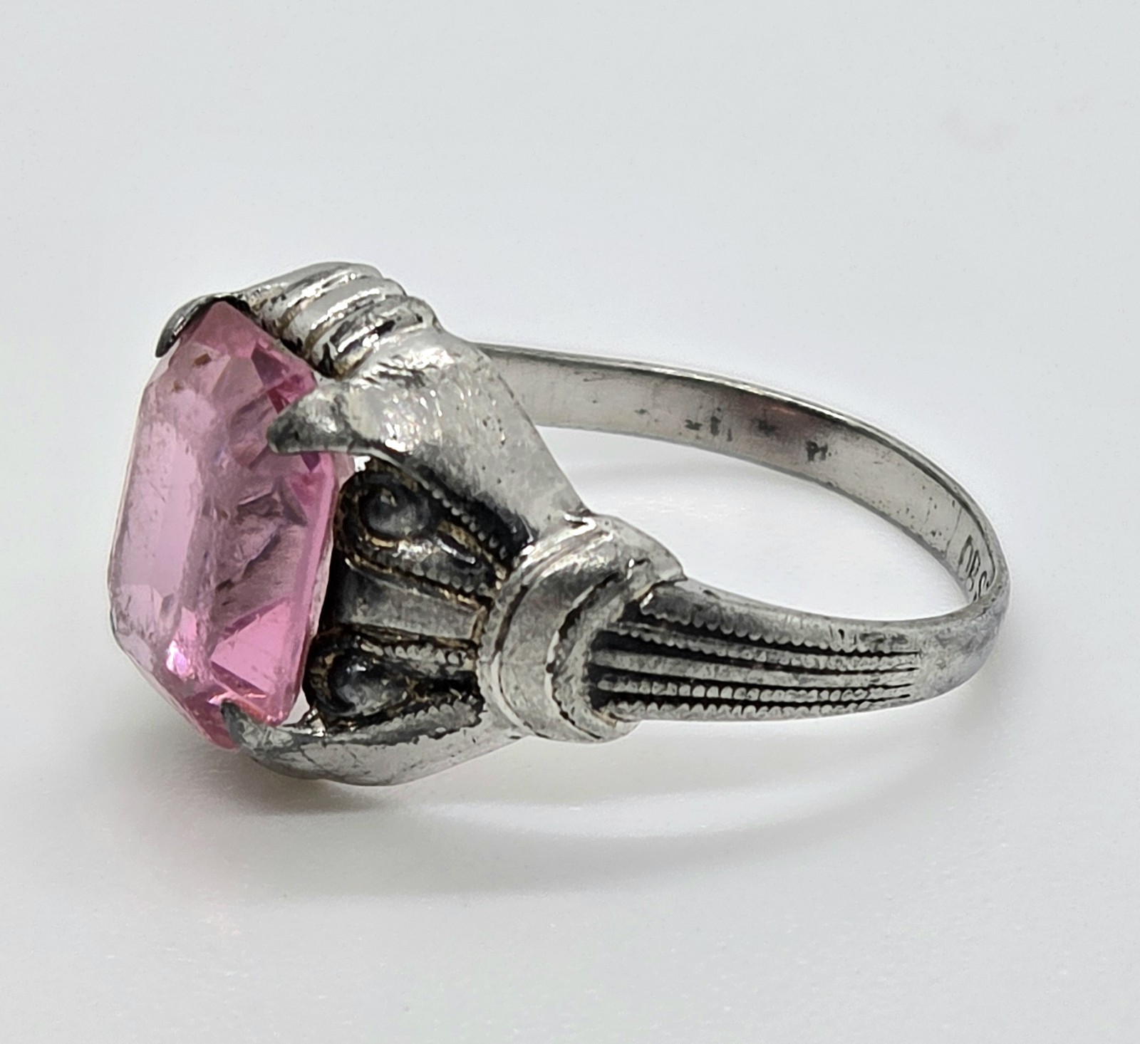 Vintage Ostby & Barton OB Art Deco Ring 925 Sterling Silver Pink Glass Size 6.75