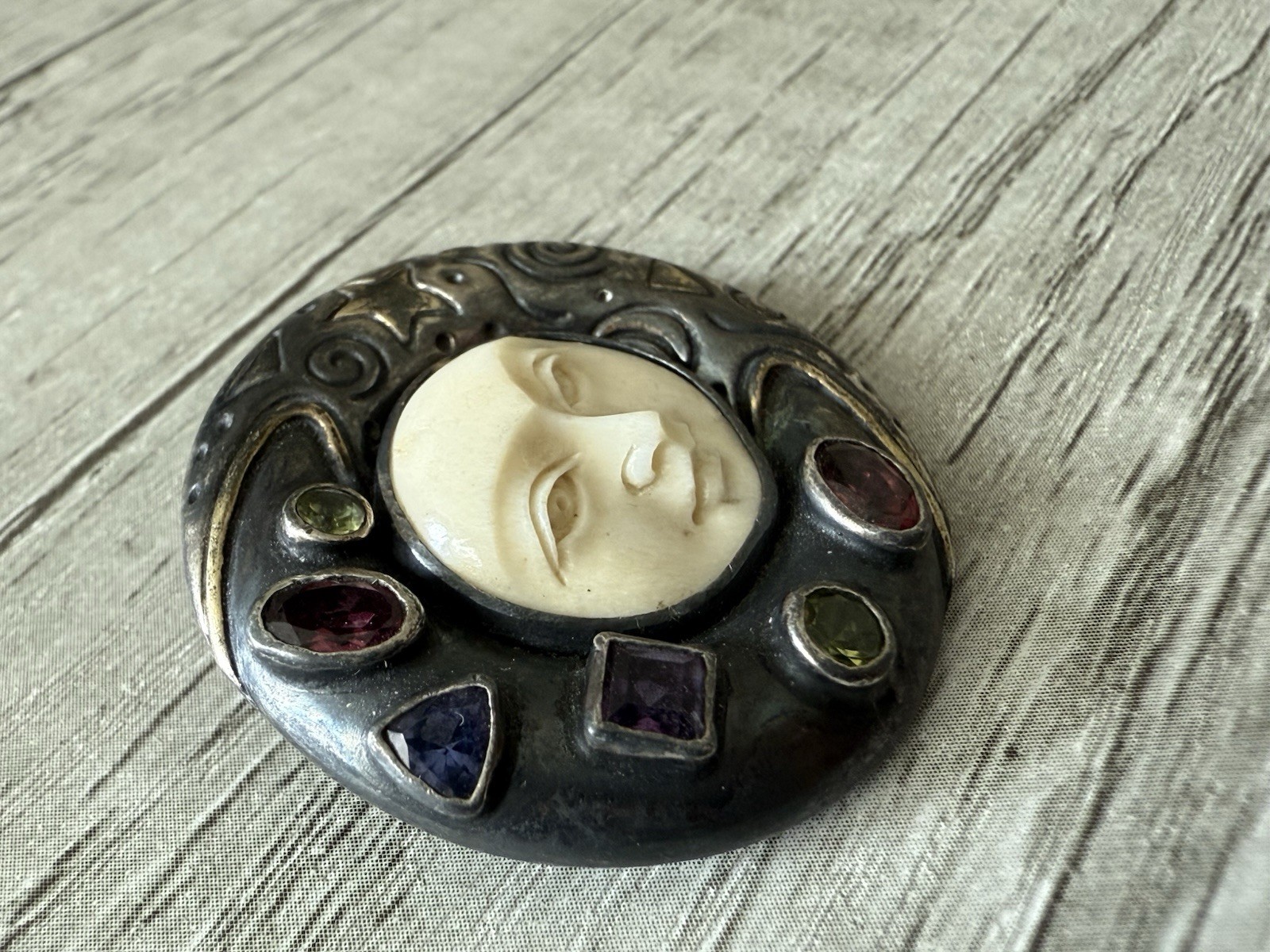MYSTIC MOON FACE Sterling Silver Amethyst Topaz Carved Goddess Pendant Brooch