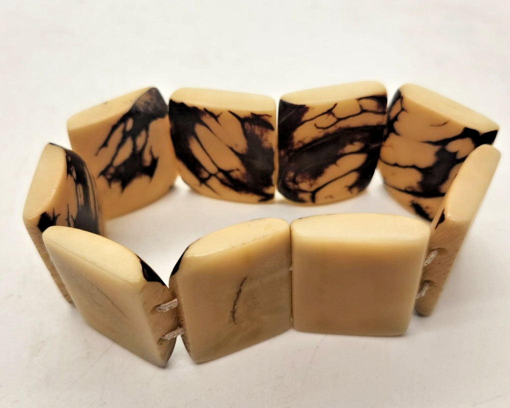 Vintage African Handcrafted Stretch Bracelet Cream & Black Resin/Bone Tribal