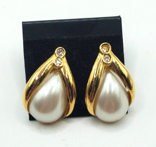 AVON Tear Drop Faux Pearl Two Rhinestone Gold Tone Pierced Earrings Signed
