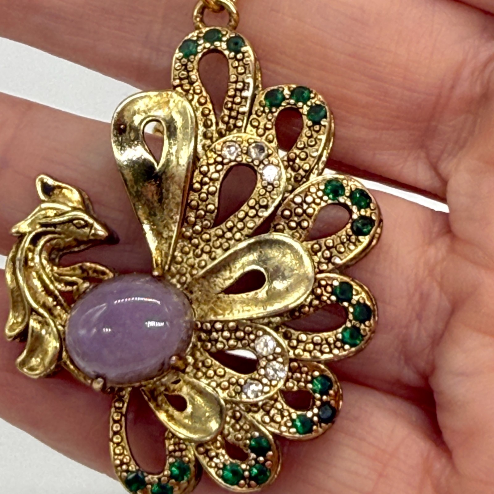 Vintage Peacock Pendant Necklace Purple Cabochon Belly Green Rhinestones